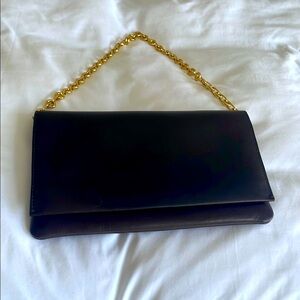 Elegant Dark Carob Leather Clutch Shoulder Bag with Gold Chain